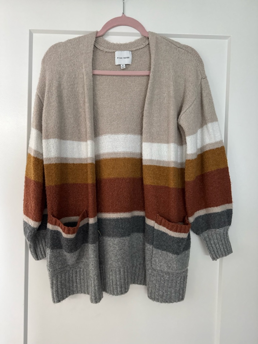 Pink Rose Striped Open-Front Cardigan - Beige, Rust, Mustard, Gray